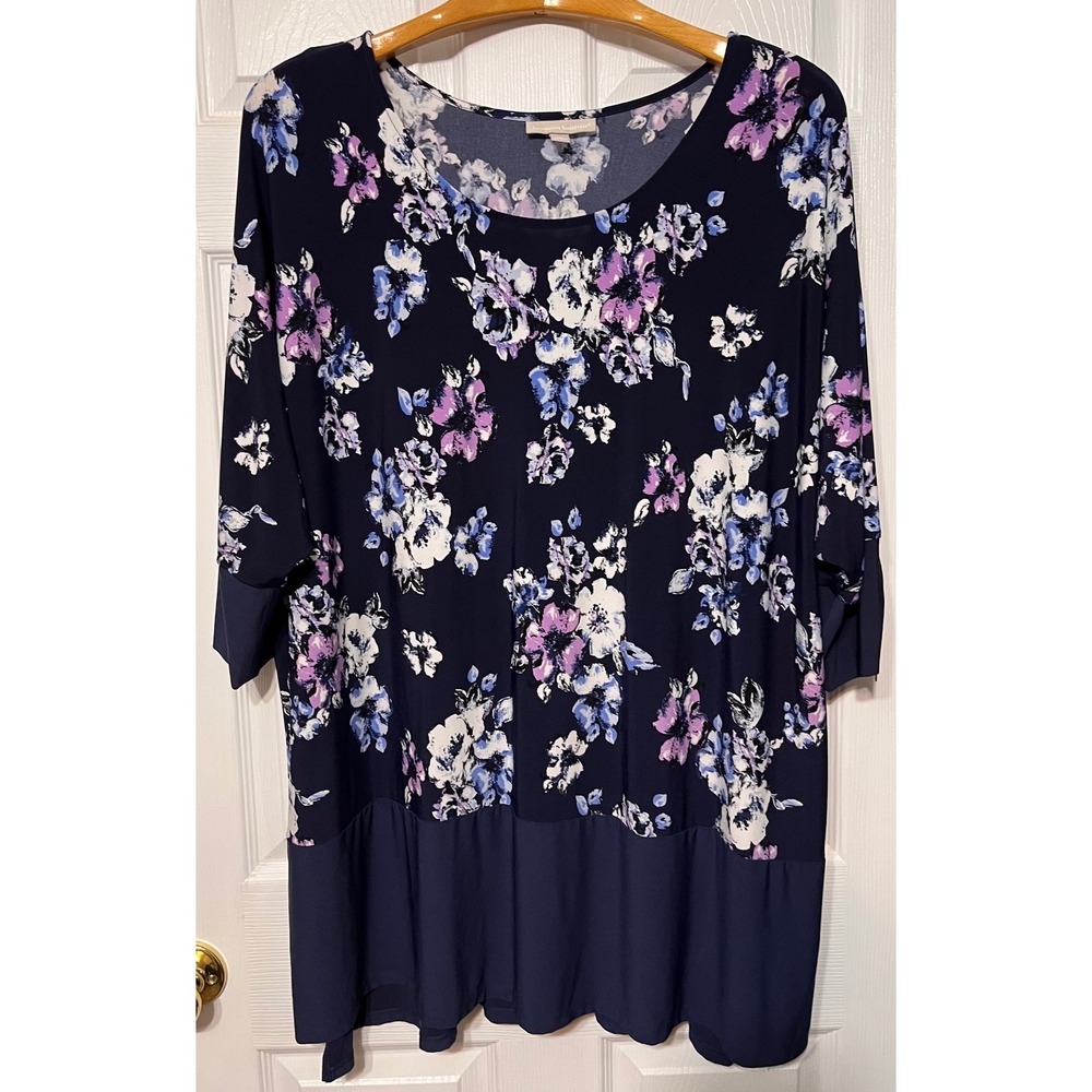 Woman Within Plus Size Navy Floral Print 3/4 Sleeve Peplum Top Tunic 3X (30/32)